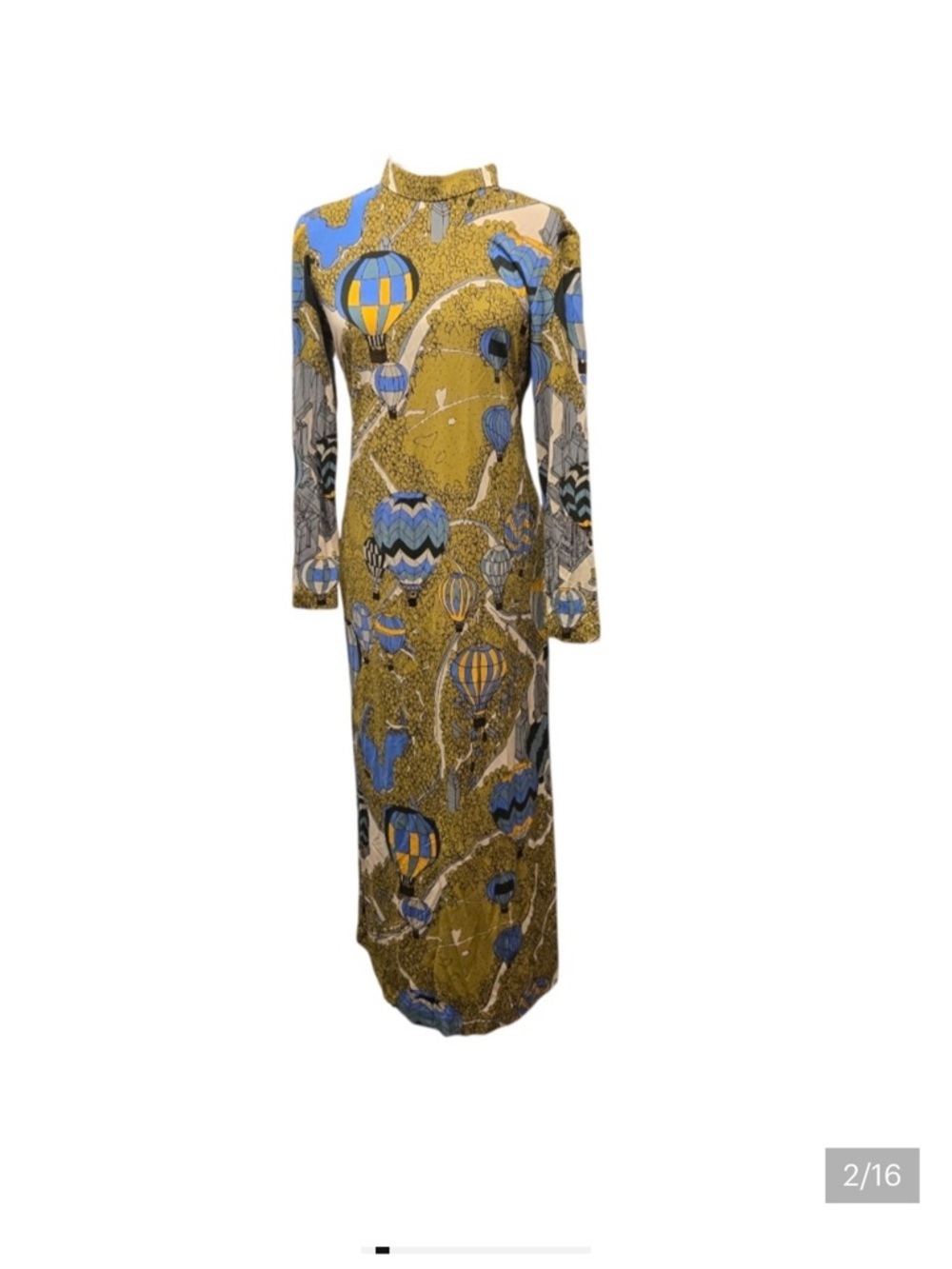 Tory Burch Olive Maxi Dress with Sky Blue & White Hot-Air Balloon Print - Picture 2 of 14